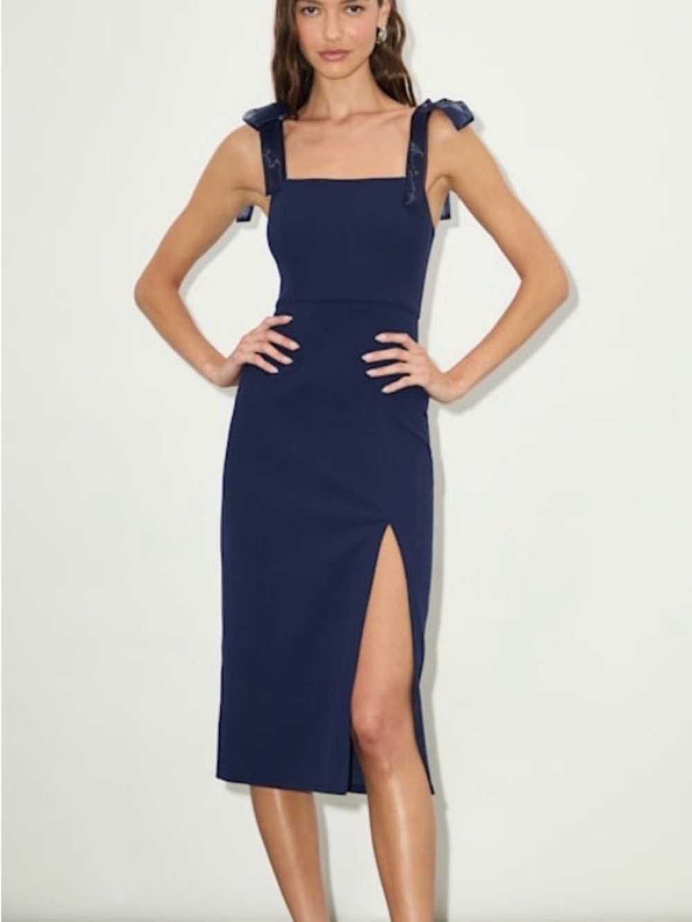 Lulu's Navy Midi Dress with Bow Shoulder Straps